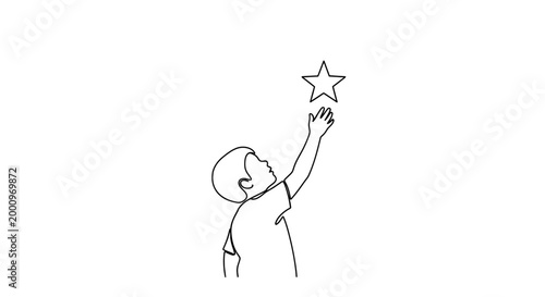A simple line art illustration of a young child reaching for a star.