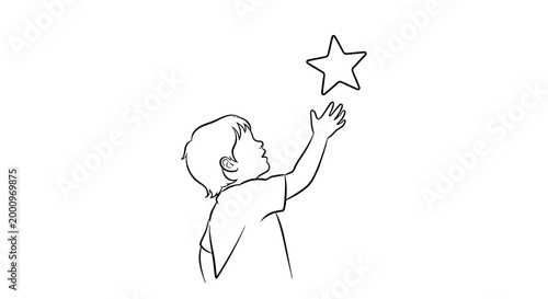 Line art illustration of a young child reaching up to touch a star.