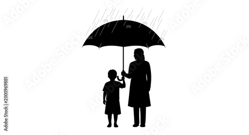 Silhouette of a mother holding an umbrella protecting her child in the rain.