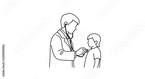 A line art illustration of a pediatrician examining a child with a stethoscope.