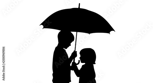 Silhouette of a young boy holding an umbrella for a girl.