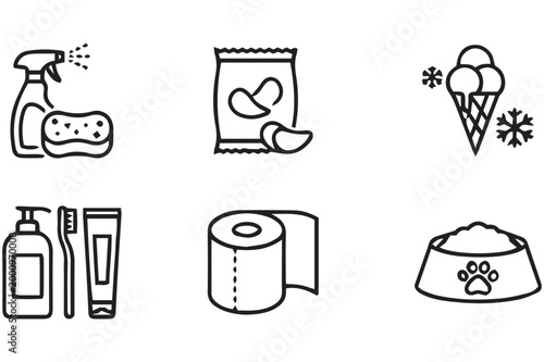Collection of household and personal care item line icons in black and white