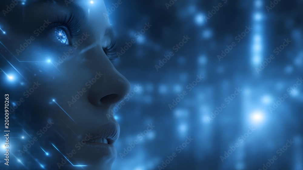 Fototapeta premium A futuristic portrait showing the glowing visual representation of intelligence and complex data streams
