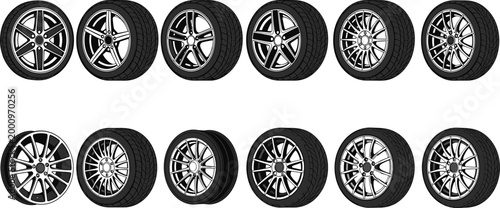 Billede på lærred Car tire and alloy wheel collection set with realistic automotive rim designs ve