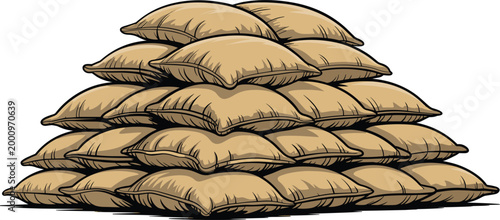 Stack of sandbags arranged as protective barrier or flood defense