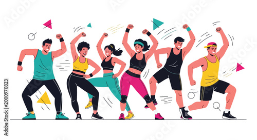 Group of young adults in sportswear performing high energy fitness dance in a modern flat style isolated on white background