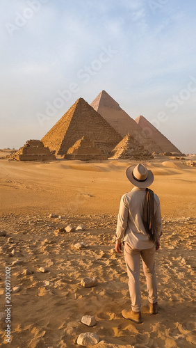 Explorer at the Pyramids: A person stands in awe before the majestic pyramids under a clear sky. A traveler experiencing the allure of the iconic landmarks of Egypt.