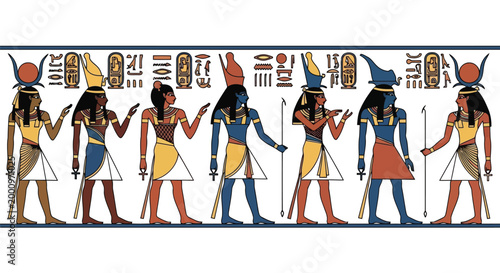 Ancient Egyptian deities and figures in procession with hieroglyphs isolated on white background