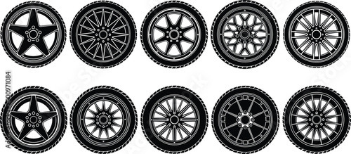 Valokuva Car wheel rim collection set with alloy tire designs in detailed automotive vect