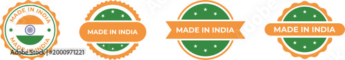 Made in India Label Set – Tricolor Badge Stickers with Indian Flag Seal Elements Stamp Vector Collection