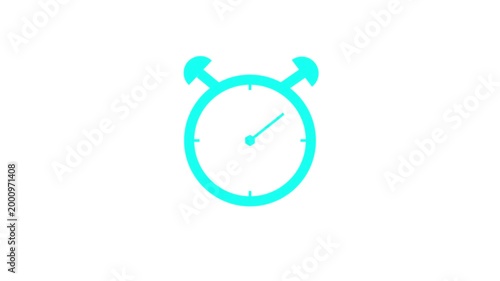 Animated cyan alarm clock icon, digital time notification graphic.4k video
