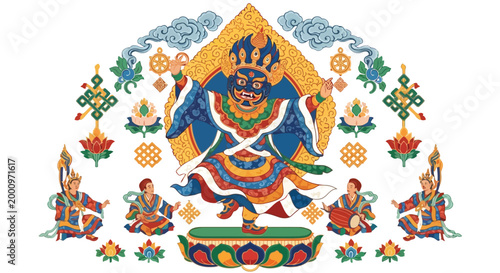 Tibetan Buddhist deities and symbols in vibrant decorative art isolated on white background