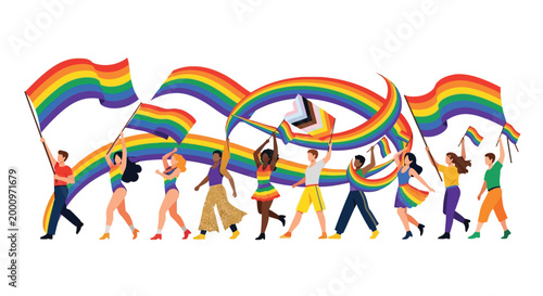 Diverse group of people holding rainbow pride flags at a parade isolated on white background