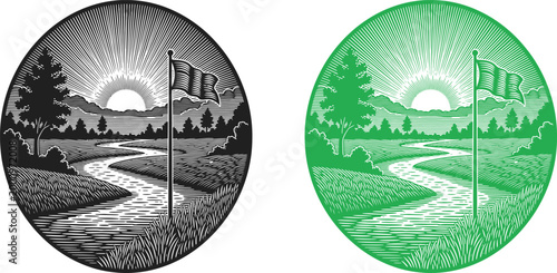 Celebrating fathers day vintage engraving of a serene landscape with a river perfect for dad's special day