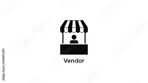 minimal vendor shop icon with storefront awning and seller silhouette clean black symbol for retail business ecommerce branding vector