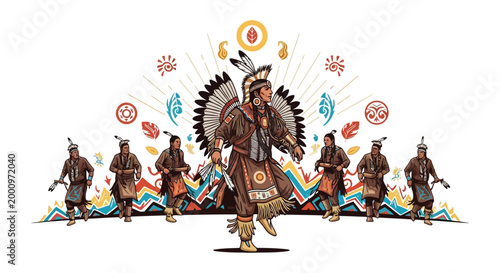 Native american dancers in traditional regalia performing a ceremonial dance isolated on white background