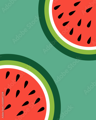 Two watermelon slices rest on a calm green background. Black seeds dot each slice, vivid and distinct. Bright red flesh contrasts with crisp, layered rind. Simple design evokes freshness