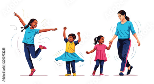 Mother and children happily dancing together in a vibrant illustration style isolated on white background