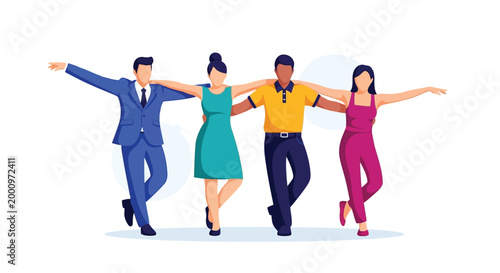 Diverse group of friends in casual wear linking arms illustration isolated on white background