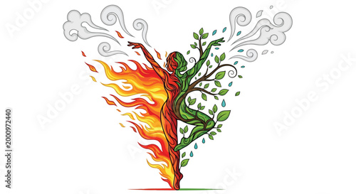 Dancer split between fire and nature elements illustration isolated on white background