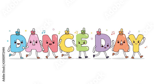 Dancing letters spelling 'DANCE DAY' in colorful illustration isolated on white background
