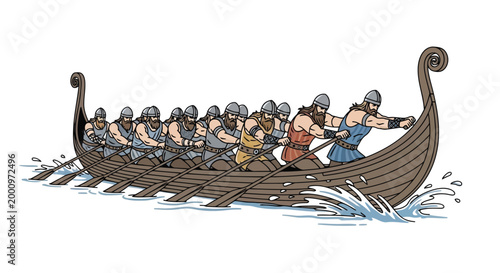 Viking longship with rowers illustration isolated on white background