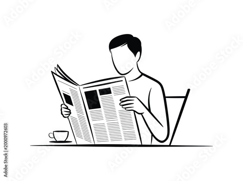 Man reading newspaper and drinking coffee sitting on chair at table