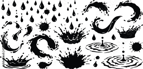 Black water splash and liquid drop vector silhouette set featuring ink splatters ripples and fluid wave shapes for dynamic graphic design and artistic branding,