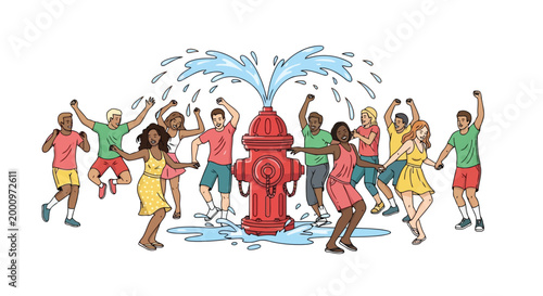 People dancing joyfully around fire hydrant illustration isolated on white background