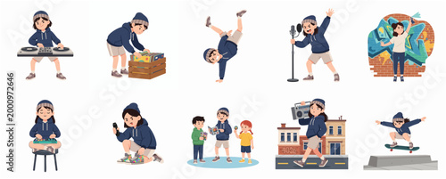 Set of diverse children characters engaged in various hip hop culture activities like DJing, breakdancing, skateboarding, and graffiti art illustration.