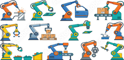 Automated industrial robotic arm vector set featuring machines welding assembling car parts and handling warehouse packages for smart factory and logistics technology,