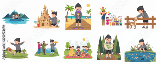 Cute Boy Character Cartoon Illustration Set of Travel and Summer Vacation Activities