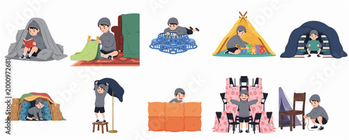 Set of creative boy character illustrations building and playing in various indoor forts and secret dens using household items