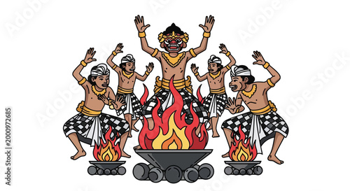 Balinese dancers performing around fire illustration isolated on white background