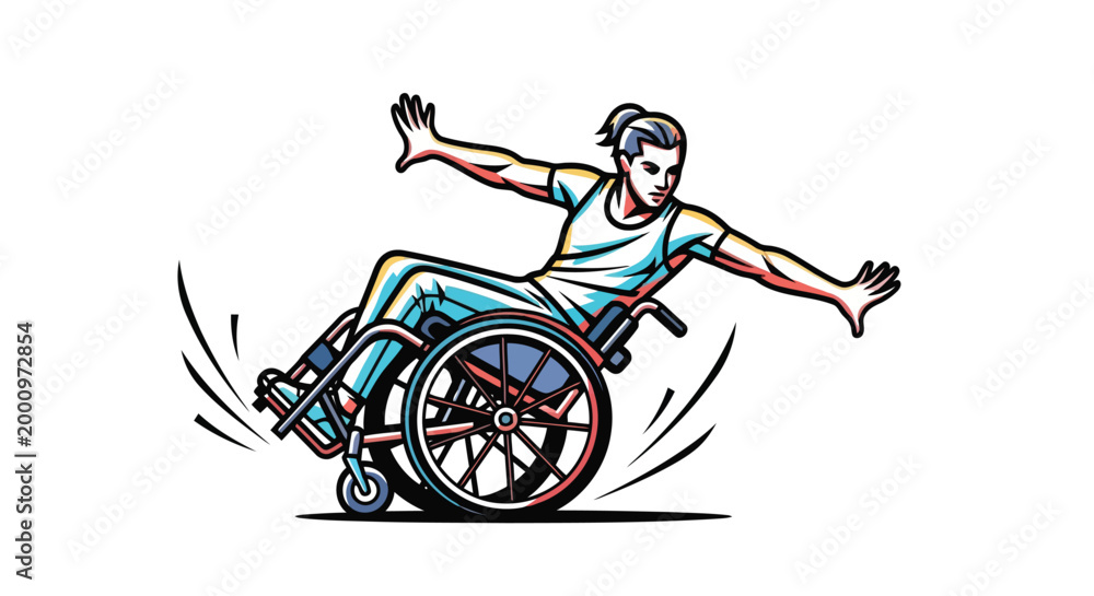 Fototapeta premium Dynamic wheelchair user performing acrobatics vector art isolated on white background