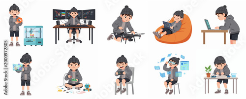 Set of Vector Illustrations of a Boy Engaging in Various Technology and STEM Activities like Coding, Gaming, 3D Printing, and VR