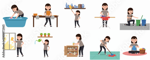 Young Woman Character Performing Various Household Chores and Housekeeping Tasks Illustration Set