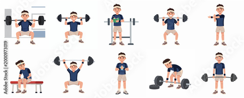 Vector illustration set of a male character working out in the gym with various weightlifting poses and exercises