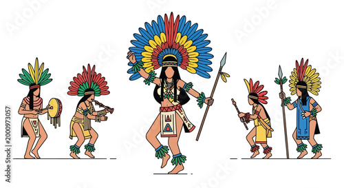Indigenous tribal dancers in traditional attire performing ritual illustration isolated on white background