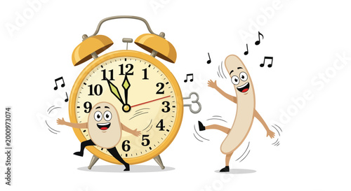 Dancing characters and alarm clock illustration signifying time to party isolated on white background