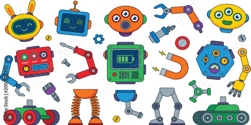 Colorful toy robot construction kit vector set featuring cute alien heads mechanical arms legs magnets and gears for children creative character design and STEM education projects,