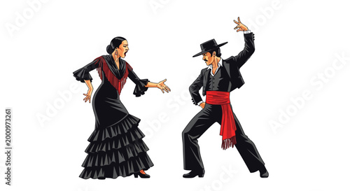 Passionate flamenco dancers performing intense routine in black costumes isolated on white background