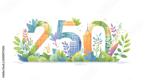 America celebrating 250 years of independence, showing the text 250 becoming a vibrant landscape of lush plants, green foliage, colorful flowers, and iconic city buildings