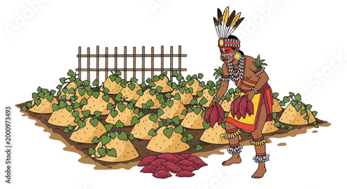 Indigenous farmer harvesting sweet potatoes in field illustration isolated on white background