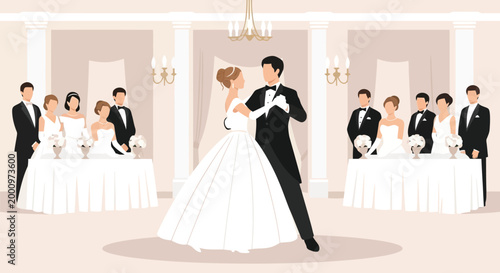 Bride and groom first dance at elegant wedding reception illustration isolated on white background