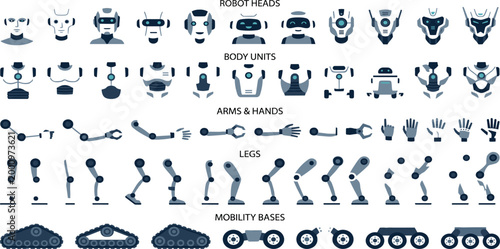 Futuristic humanoid robot construction kit vector set featuring sleek heads body units mechanical limbs and mobility bases for advanced artificial intelligence character design,
