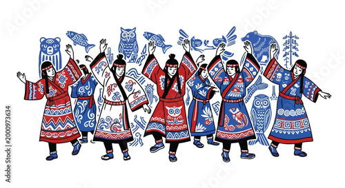 People in traditional indigenous clothing dancing with animal motifs illustration isolated on white background