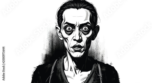 Disturbing portrait of a gaunt man with wide staring eyes in black and white isolated on white background