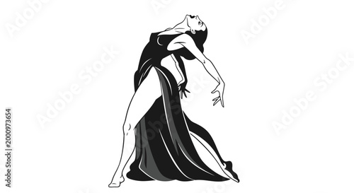 Elegant dancer in flowing black dress striking a dramatic pose on white background isolated on white background