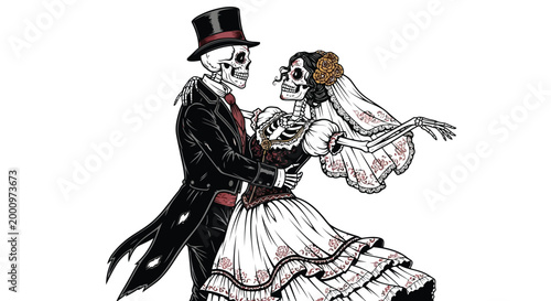 Day of the Dead skeleton couple elegantly dancing in wedding attire isolated on white background